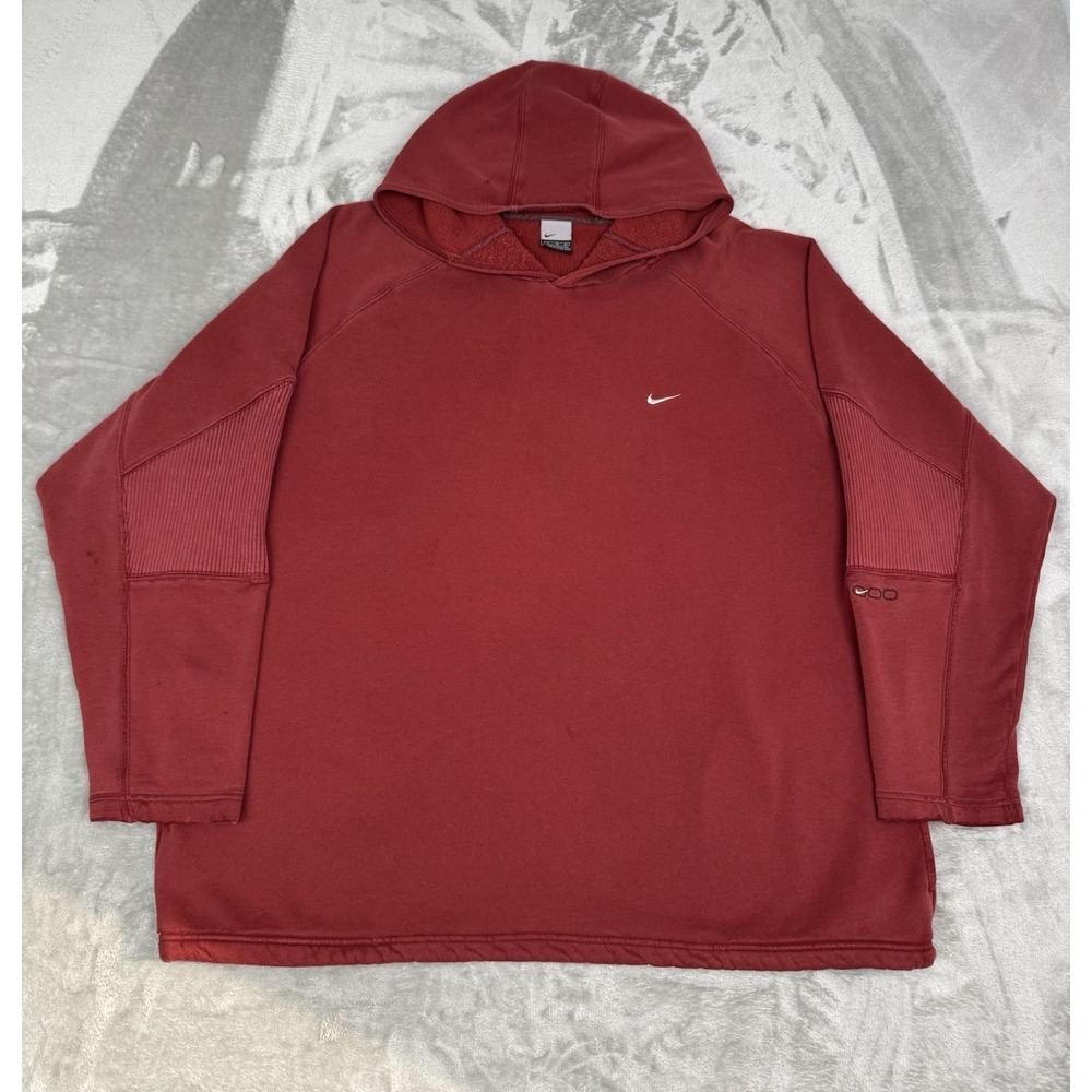 Vintage Nike Red Pullover Sweatshirt Mens XL White Swoosh Hoodie Ribbed Hood Y2K